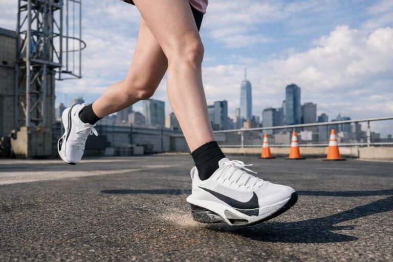 a women running wearing a carbon plated running shoes, helpful for both men and women