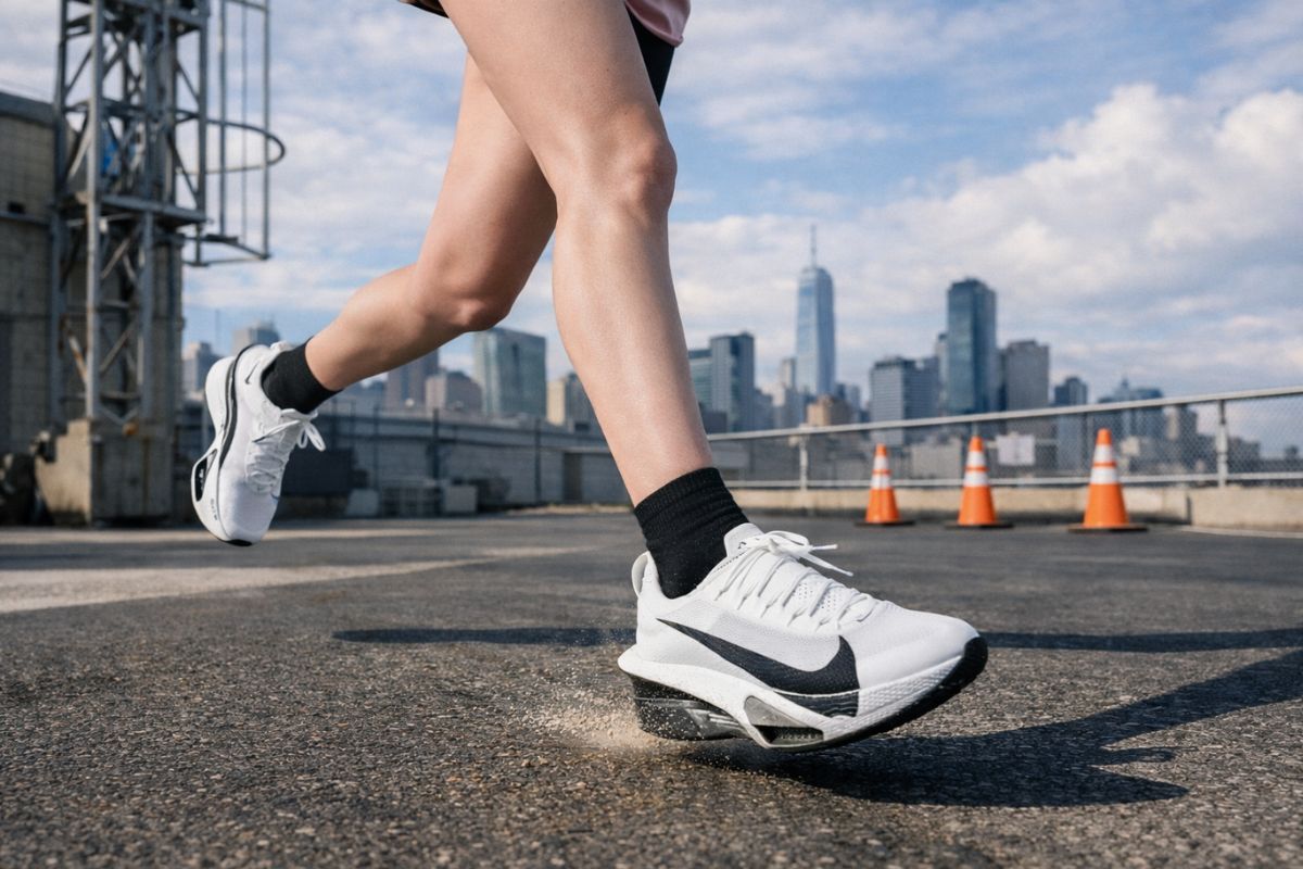 a women running wearing a carbon plated running shoes, helpful for both men and women