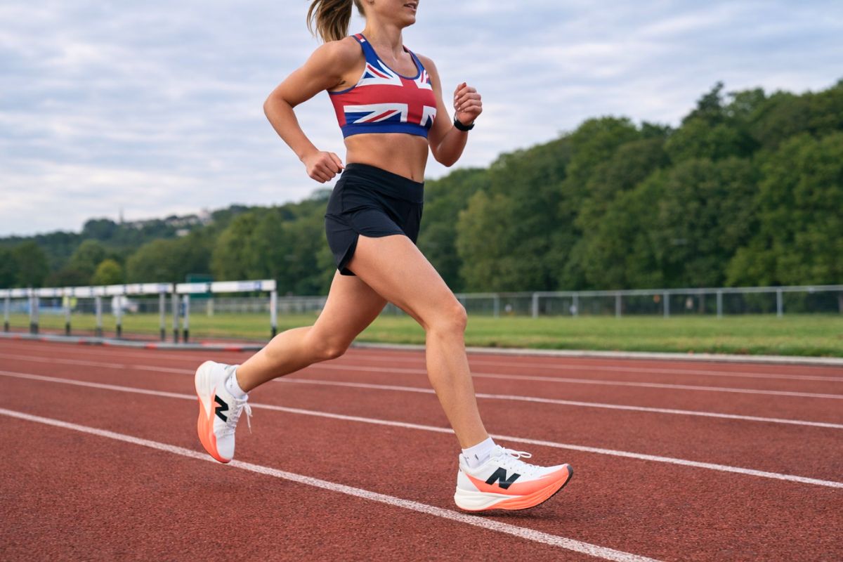 a girl running on a race track wearing carbon plated running shoes new balance fuelcell sc elite v5