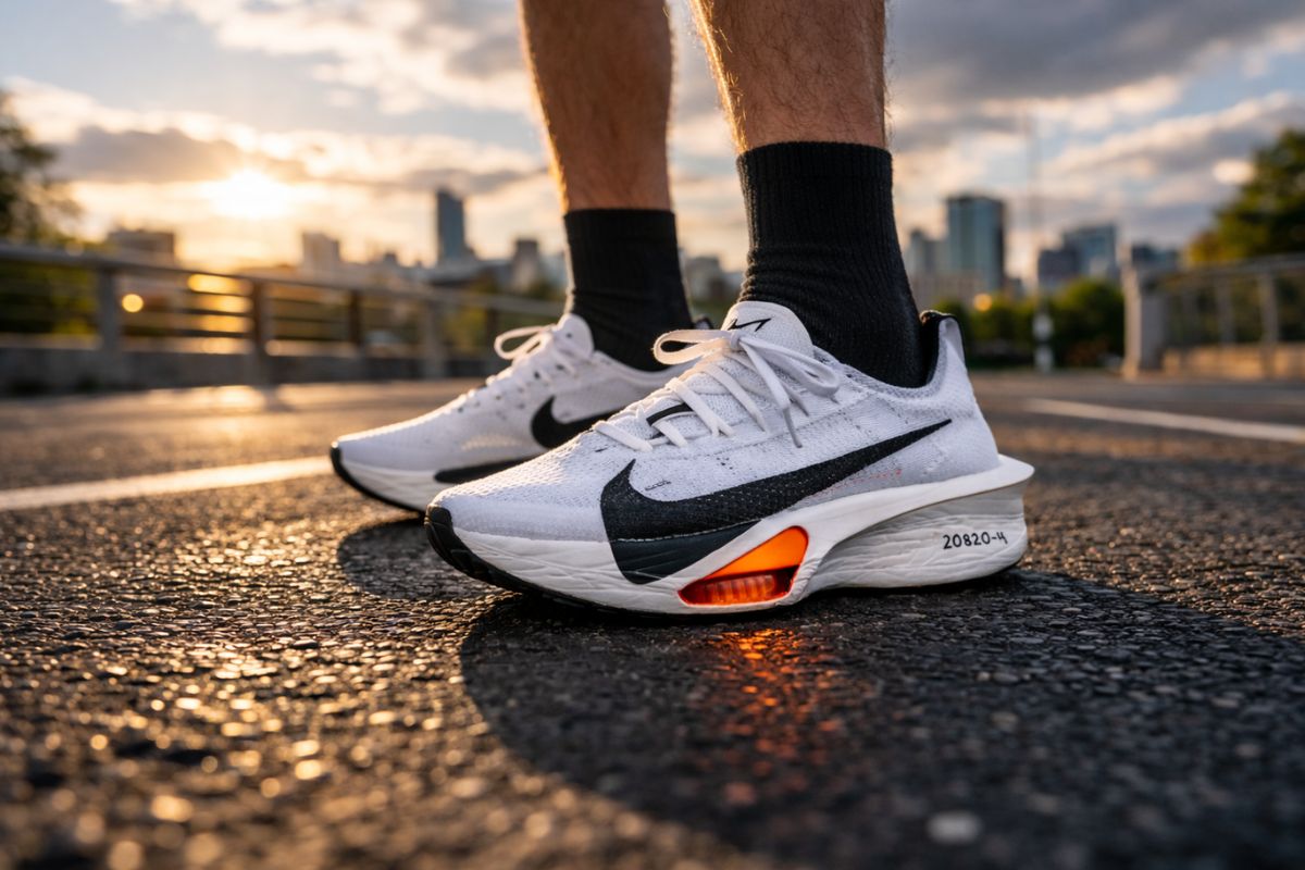 a man standing on asphalt road wearing carbon plated running shoes nike alphafly 3