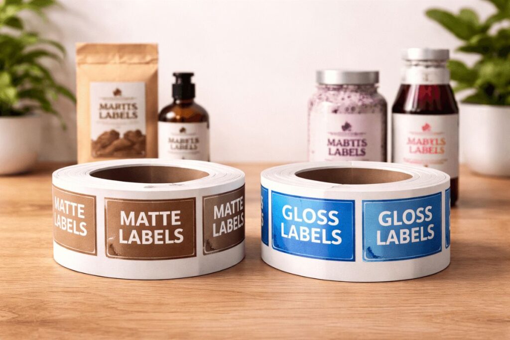 matte and gloss labels roll placed togehter on a table