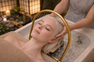 a girl getting her japanese head spa for hair and scalp treatment