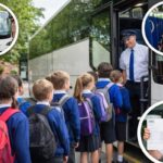 school students are getting onboard the school trip transport bus