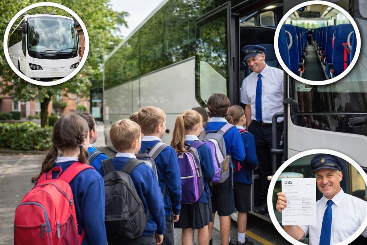 school students are getting onboard the school trip transport bus