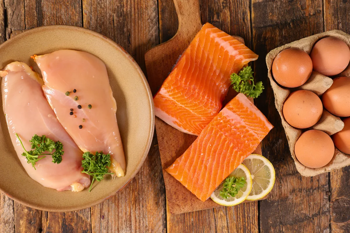 fish, meat and eggs