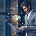 a suited person using ai agent on his laptop holding in his hands