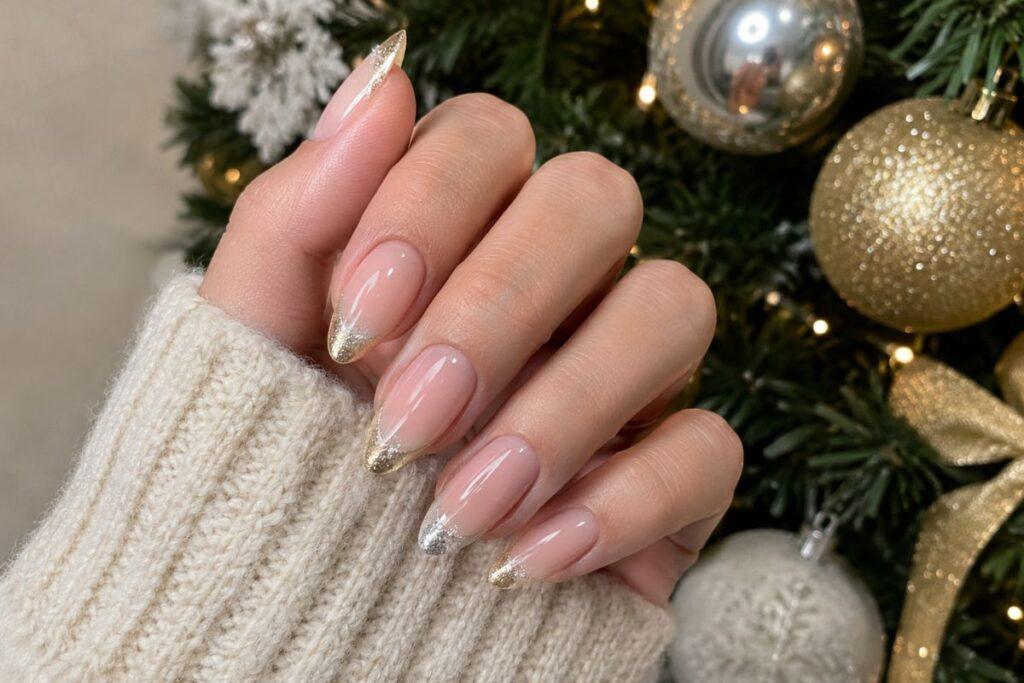 champagne gold and silver french tips christmas nails design