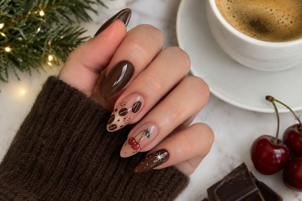 chocolate espresso and cherry mocha christmas nails design