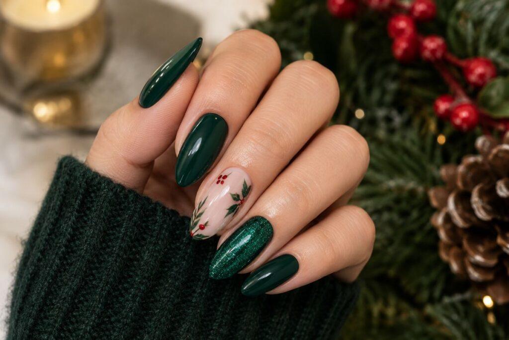 emerald forest green and winter berry christmas nails design