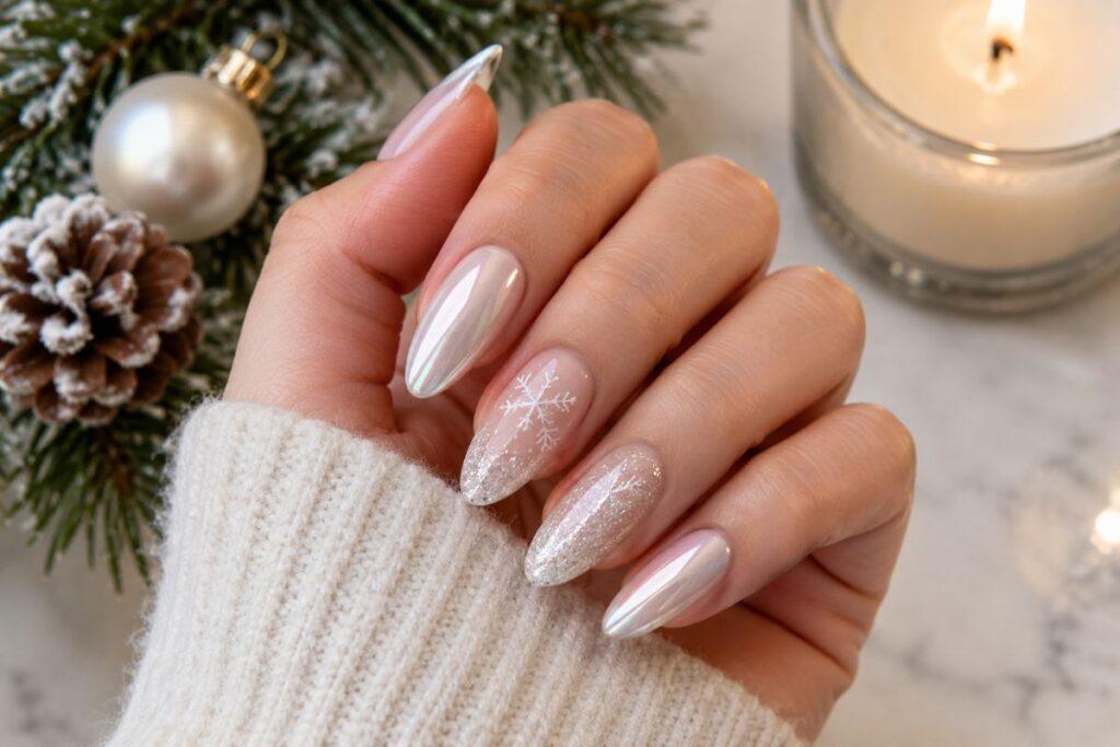 pearl chrome and snow dusted neutrals christmas nails design