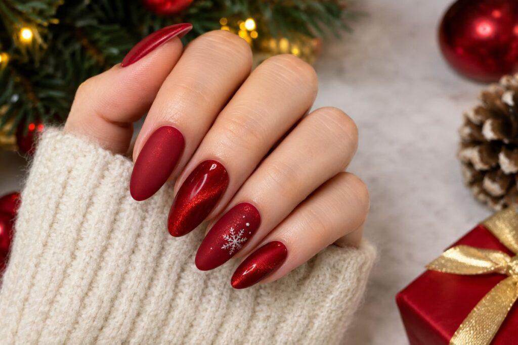 velvet matte red and red cat eye christmas nails design